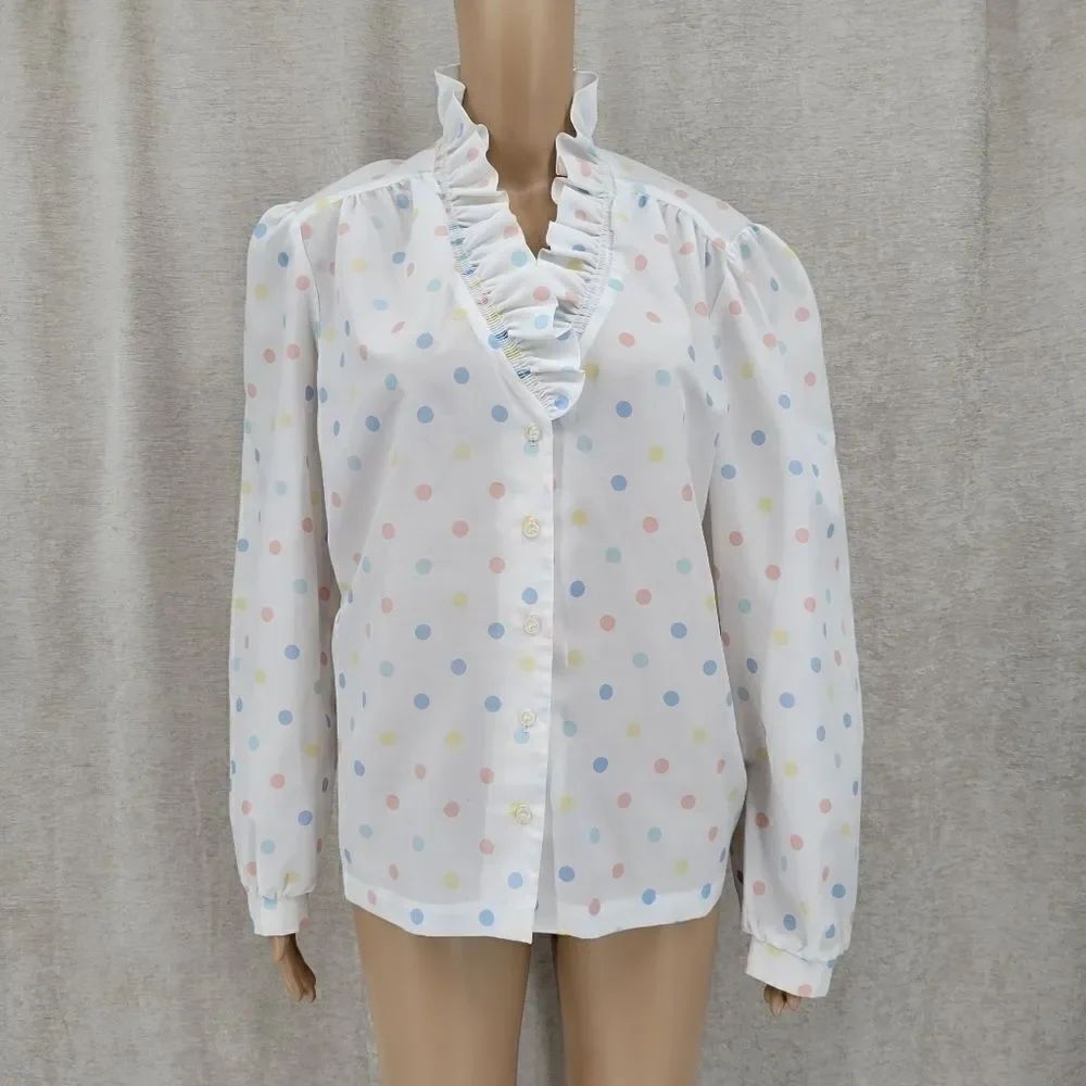 Glen Echo Sportswear Vintage 80s Pastel Polka-dot Blouse Ruffled Collar